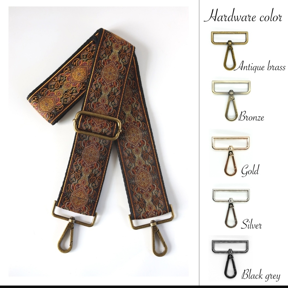 Embroidered Adjustable Guitar Strap For Purse - Black, Brown and Gold